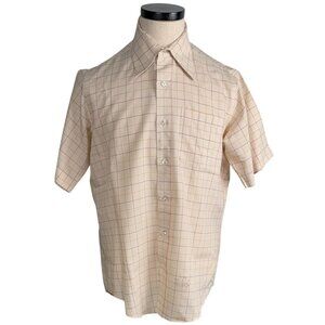 Vintage 70s John Weitz For Excello Mens Permanent Press Beige Plaid Short Sleeve